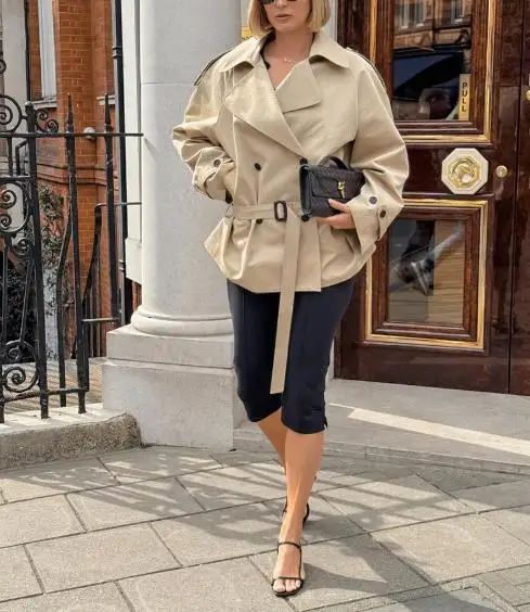 Fashionable Long Sleeved Lapel Tie Cinched Waist for Slimming and High-End Feeling 2025 Autumn Mid Length Trench Coat for Women