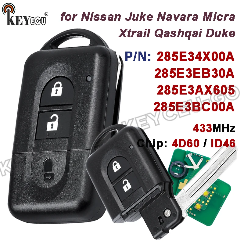 

Чип KEYECU 433 МГц ID46/4D60 285E34X00A/285E3EB30A, 285E34X00 для Nissan Juke Navara Micra Xtrail Qashqai Duke, дистанционный брелок