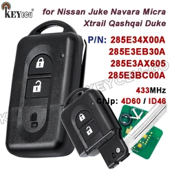 KEYECU 433MHz ID46 / 4D60 Chip 285E34X00A /285E3EB30A, 285E34X00 Remote Key Fob for Nissan Juke Navara Micra Xtrail Qashqai Duke