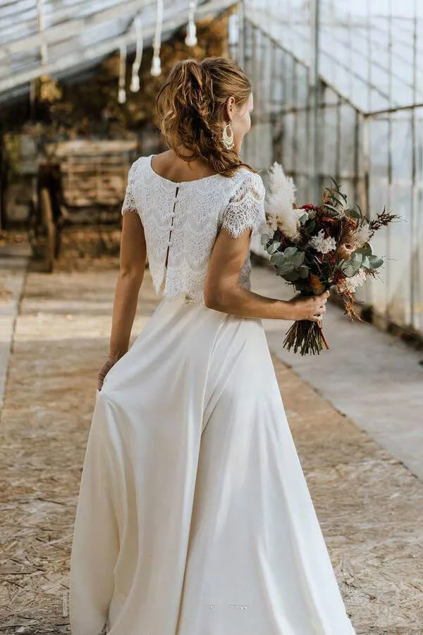 Bohemian Wedding Dresses 2022 Two Pieces Lace Top with Short Sleeve Bridal Gown Jewel Neck Beach Wedding Gown Vestidos De Novia