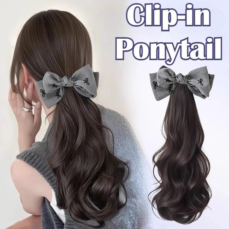 

14-дюймовые синтетические вьющиеся волнистые волосы для женщин, зажим для наращивания хвоста с бантом, реалистичные наращивание волос для женщин