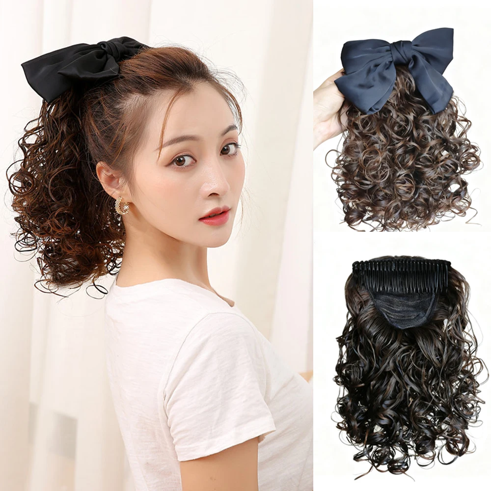 

MUMUPI винт с завитками и бантиком, вставленная расческа, хвост, имитация волос, женские короткие маленькие волны, грушевидные завитки, искусственный хвост