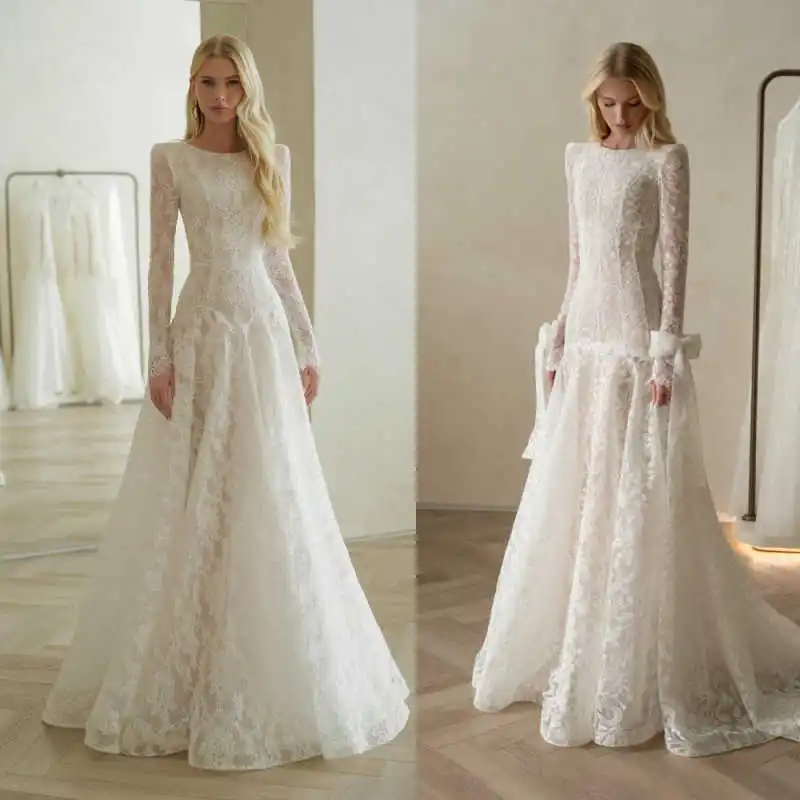 

Elegant Women Wedding Dresses Long Sleeve O Neck A Line Lace Appliques Bride Gown Floor Length Customized Vestido De Novia