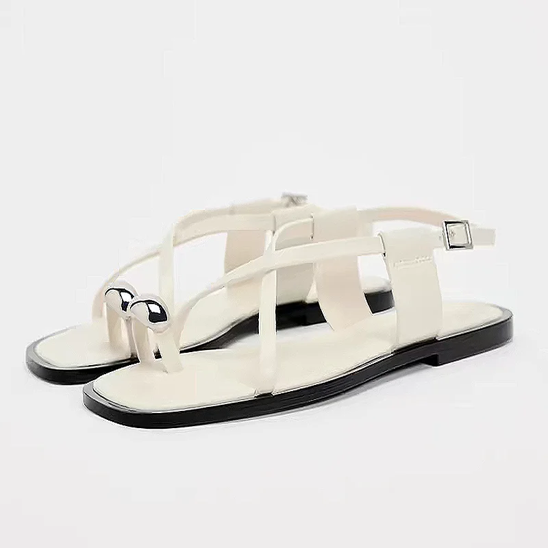 TRAF Metal Pinch Toe White Flat Roman Sandals Square Head Open Toe Cool Shoes For Woman Summer Thin Straps Buckle Women Sandal