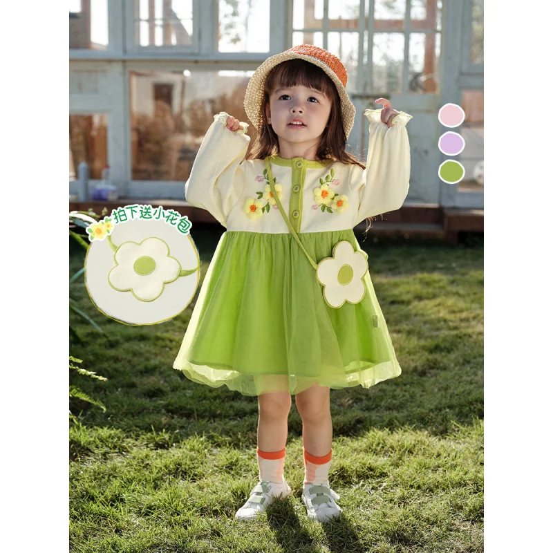 

Amila Children's Clothing2025Autumn New Girls Baby Dress Embroidered Flower Mesh Spliced Princess Dress