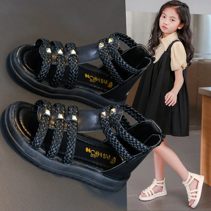 Meisjes Romeinse Sandalen Open Teen Gevlochten Effen Kleur High-Top Eenvoudige Klinknagels Nieuwe Zomer Holle Platte Casual Schoenen Kids fashion Casual