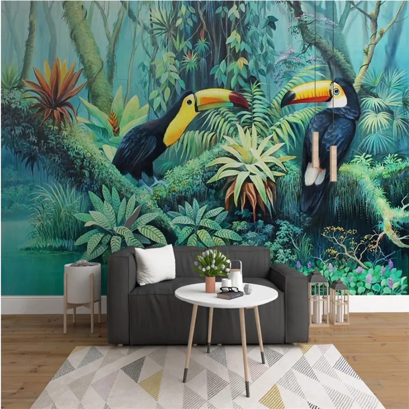 

Middle Ages Hand Painted Tropical Rain Forest Plant Toucan 3D Mural Wallpapers for Living Room Bedroom 3D Wall Papers Home Decor