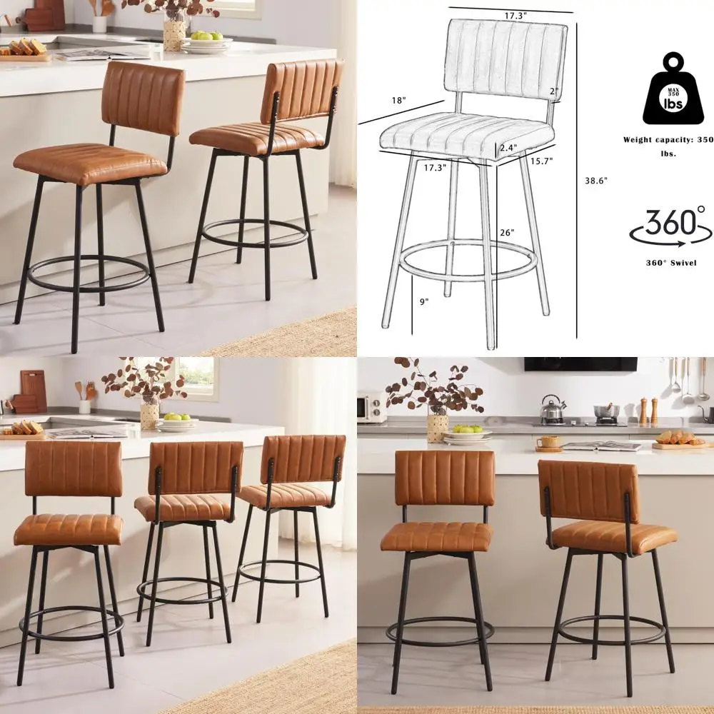 

Pair of 26 Upholstered Swivel Bar Stools with Metal Frame and Faux Leather in Cognac