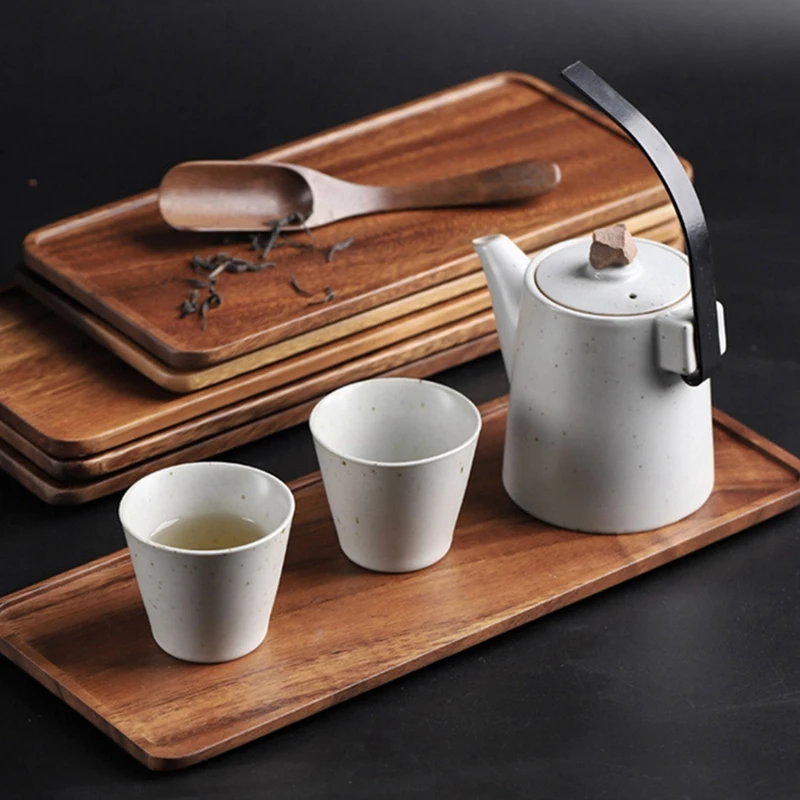 3X Acacia Wooden Tray, Solid Wood Wooden Afternoon Tea Tray, Fruit Tray, Coffee Shop Simple Snack Tray