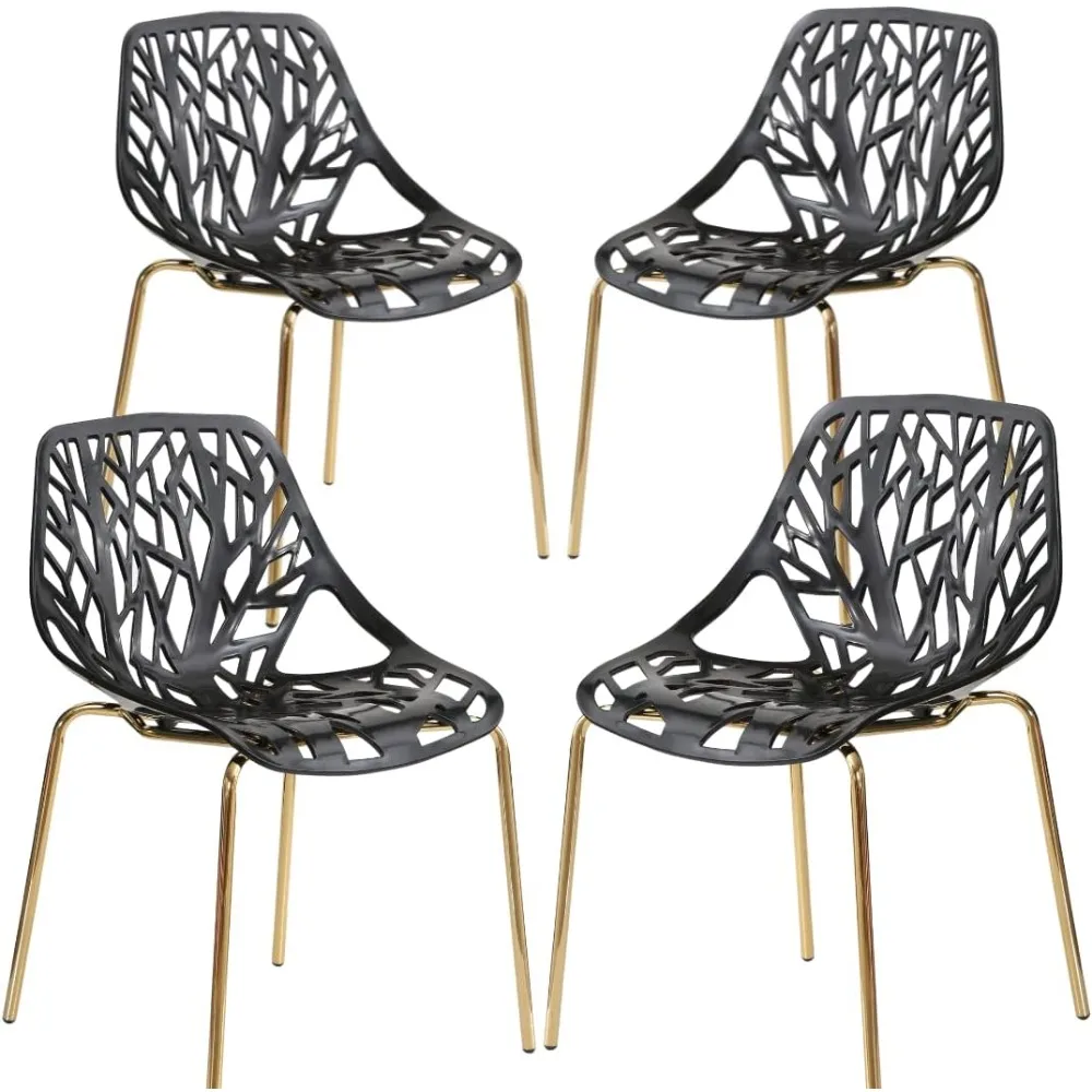 Modern Black Dining Chairs Set of 4, Birch Sapling Cut-Out Chairs, Elegant Kitchen Chairs with Gold Legs, Dining Chair