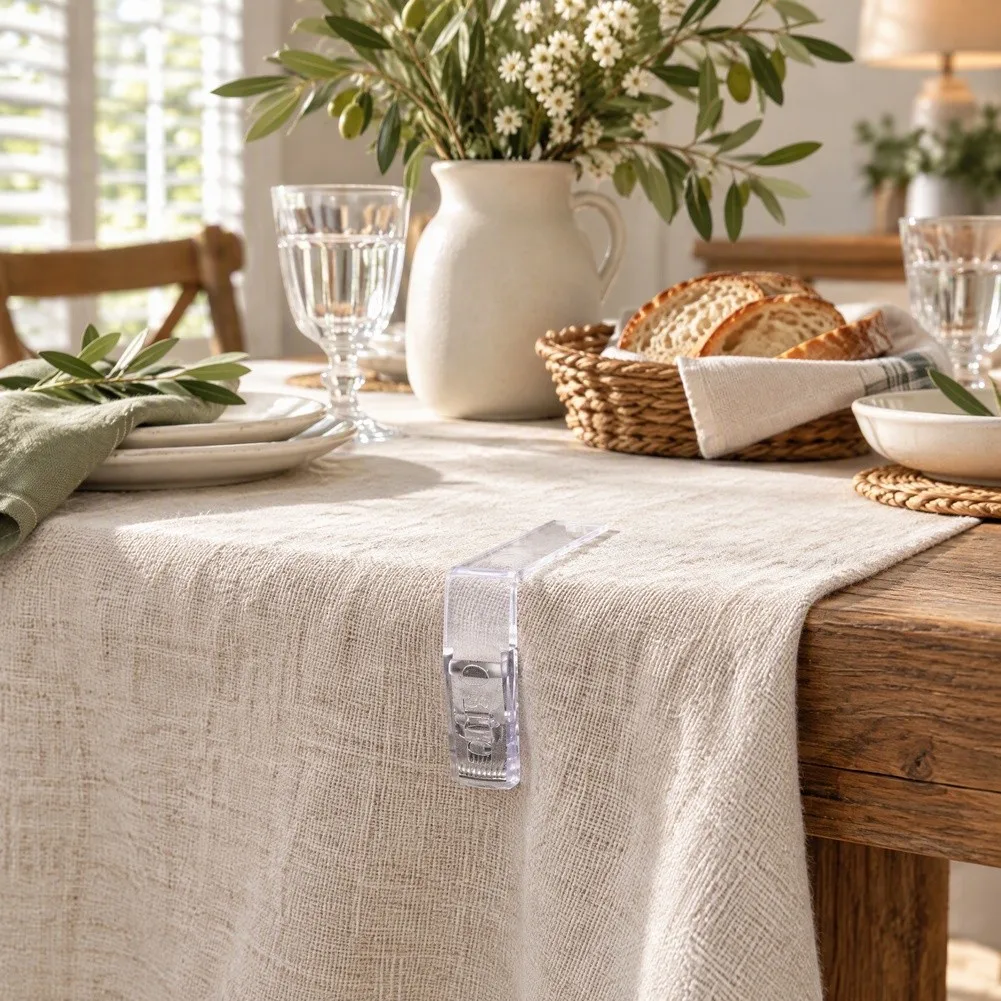 Table Cover Holder Clips for Dining Tables - Clear ABS Tablecloth Clamps Compatible with Flat and Slightly Textured Surfaces
