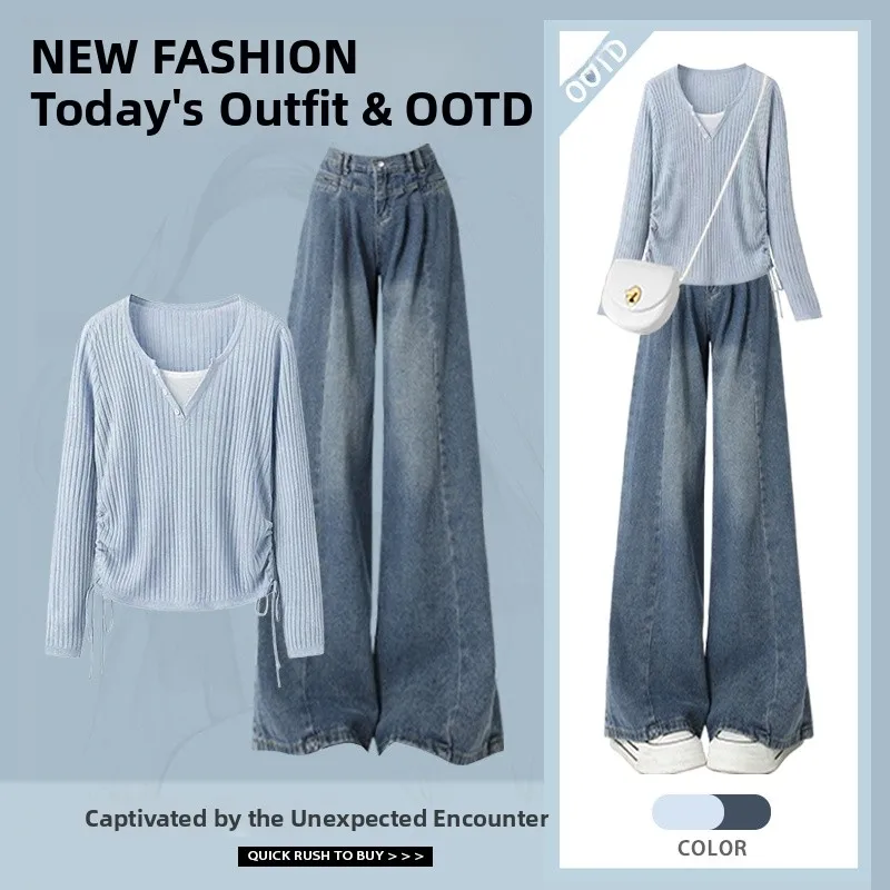 

Slimming High Waist V-Ne Two-Piece Set Women's Faion Autumn Winter Denim Pants Long Sve Top And Bot Matching Set