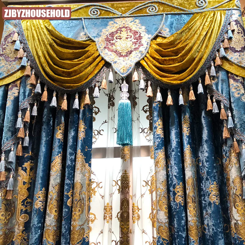 European luxury curtains for Living Room Bedroom Villa Embroidered Blackout  Royal Window kitchen Gold Blue Valance High-end