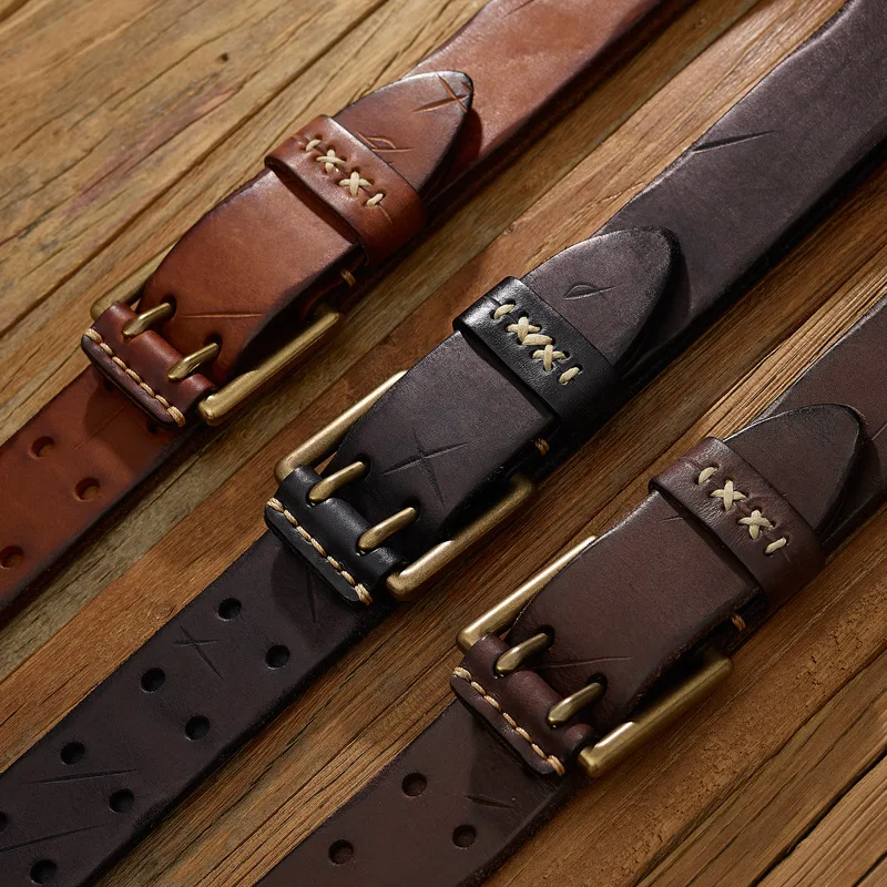 

3.8CM Wide Men Cowhide Belt Handmade Full Stylish Versatile Trendy Korean style Waist Jeans Genuine Layer Retro Copper Buckle