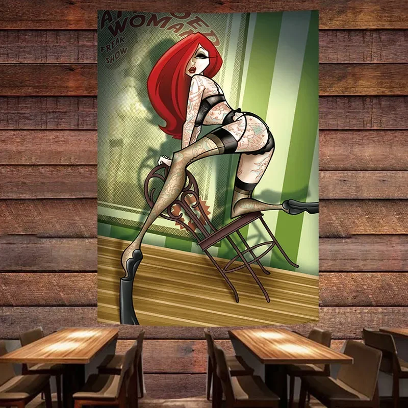 Temptation Tattoo Bad Girls Poster Banner Sexy Pin Up Art Flag Wall Painting Tapestry Bar Cafe Pub Man Cave Wall Decor Sticker