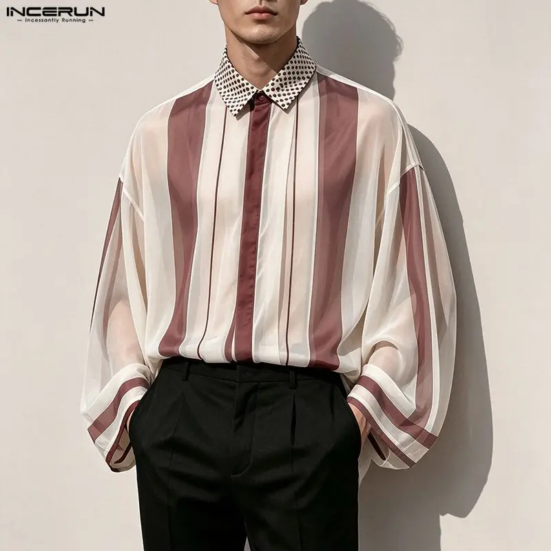 INCERUN Men's Shirt Striped Patchwork Lapel Long Sleeve See Through Men Clothes Oversize Streetwear Fashion Casual Tops For Man
