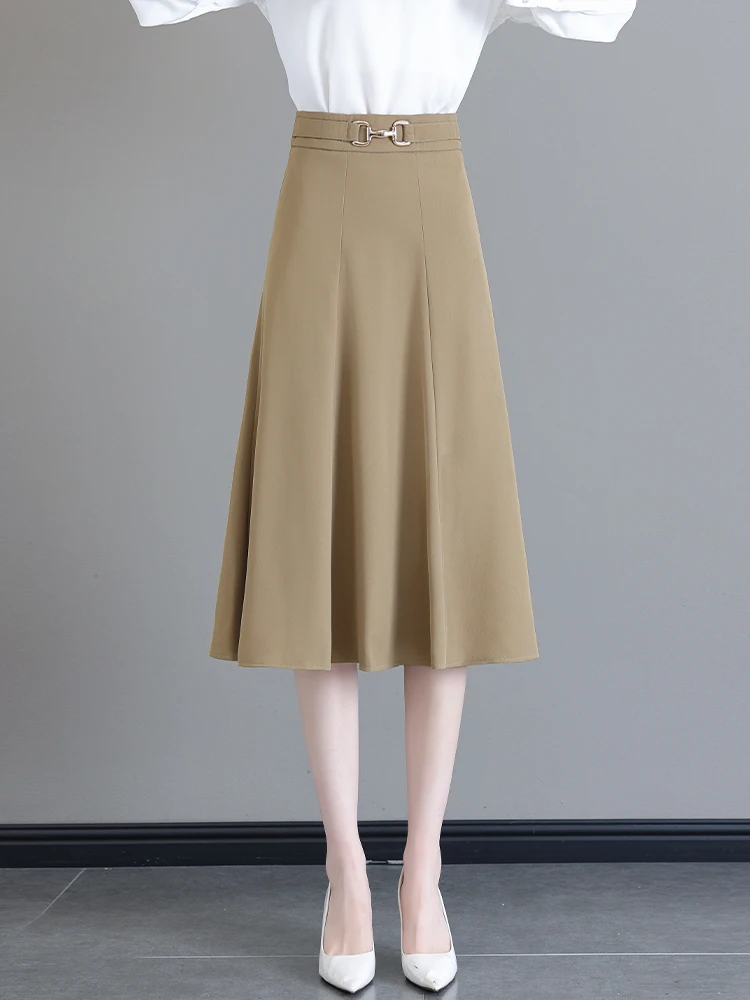 

Khaki Color Half-length Skirt Women's Spring Autumn High-waist A-line Maxi Skirt Elegant Slimming Pleated Midi Skirt