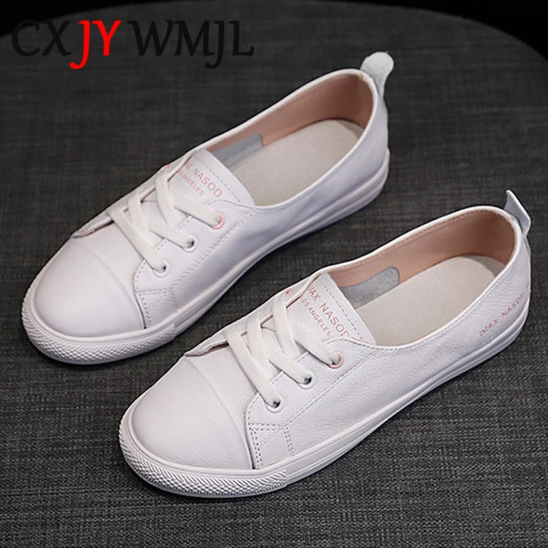 CXJYWMJL Genuine Leather Casual Sneakers for Women Plus Size Spring Summer Skate Shoes Ladies Vulcanized Shoes Little White