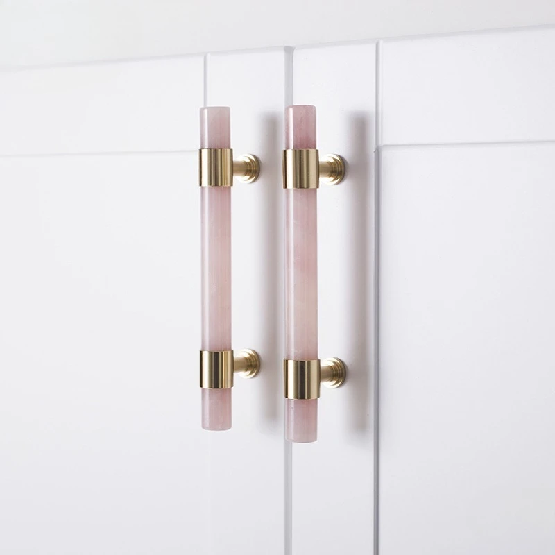 Natural Marble/Pink Crystal + Brass T Bar Cabinet Handle and Knobs Kitchen Cupboard Door Pulls Furniture Handle Dresser Hardware