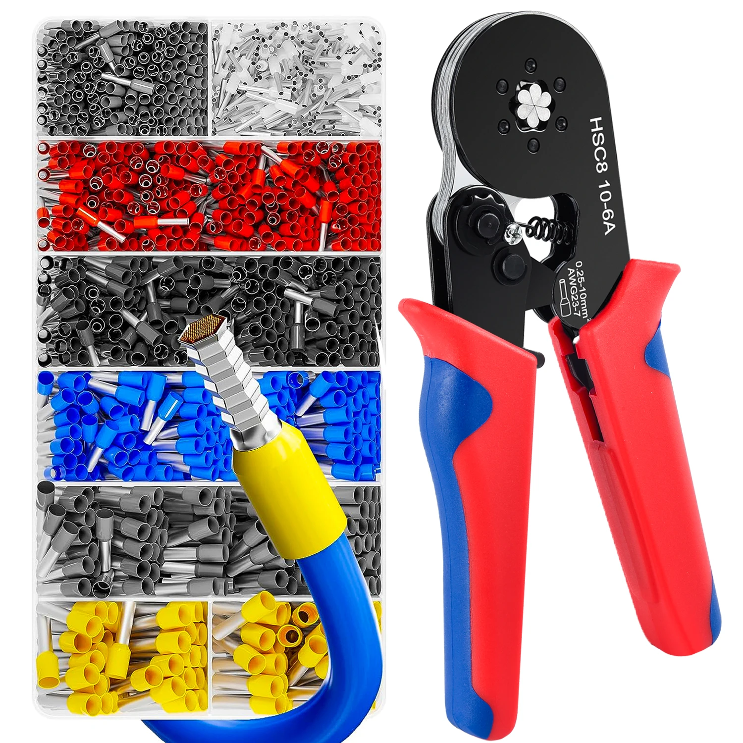 Tube Terminal Crimping Tool Set,Hexagonal Crimping Pliers Range 0.25-10mm²/AWG23-7 Quick Crimp Terminal Tool for Electrician