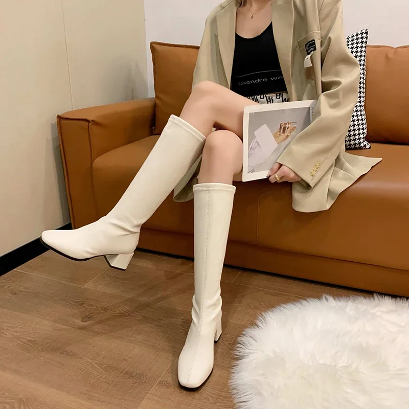 Women Boots 2023 Winter Fashion Women Knee-High-Boots Soft Leather Long Booties Ladies Partys Square Heel Shoes Zapatos