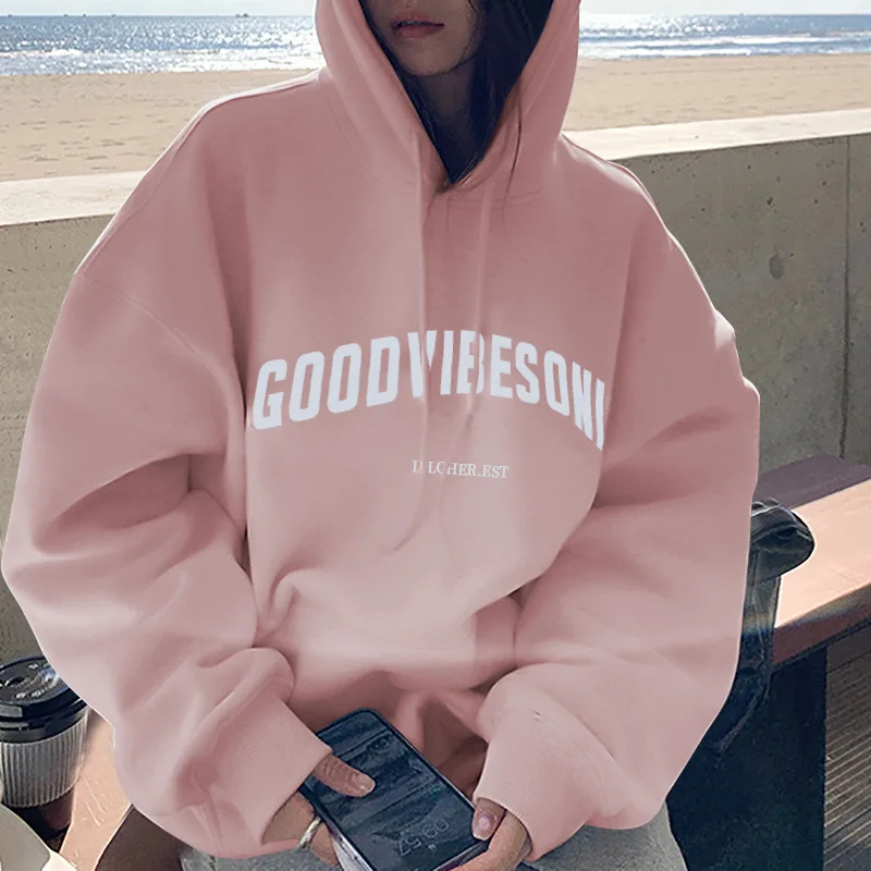 Autumn Fleece Hoodie Solid Color Letter Hooded Korean Fashion Sweatshirts Long Sleeve Top Drawstring Pockets Loose Hoodies