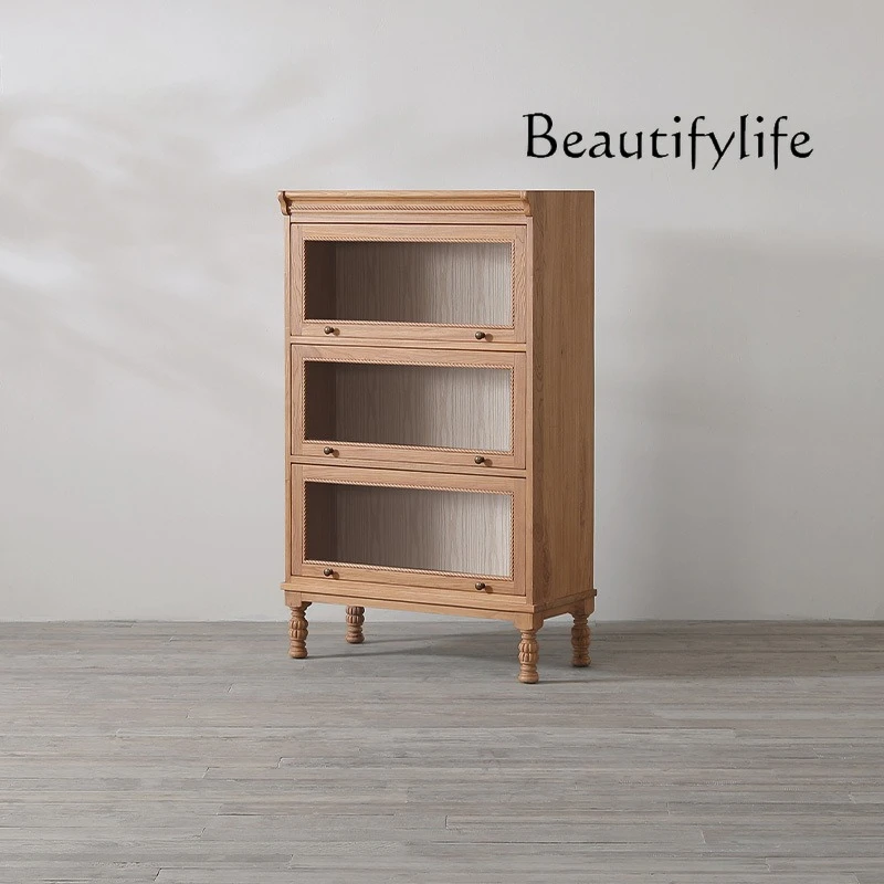 

Japanese-style medieval replica three-door glass display cabinet, retro solid wood upturned designer locker