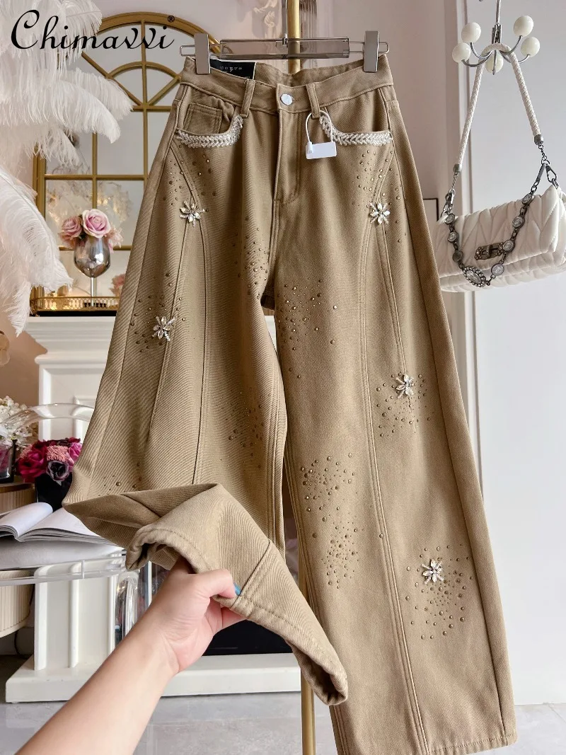 سراويل أبي سميكة مبطنة بالصوف للنساء ملابس شتوية 2025 جينز ريترو جديد ثقيل من حجر الراين عالي الخصر للتخسيس