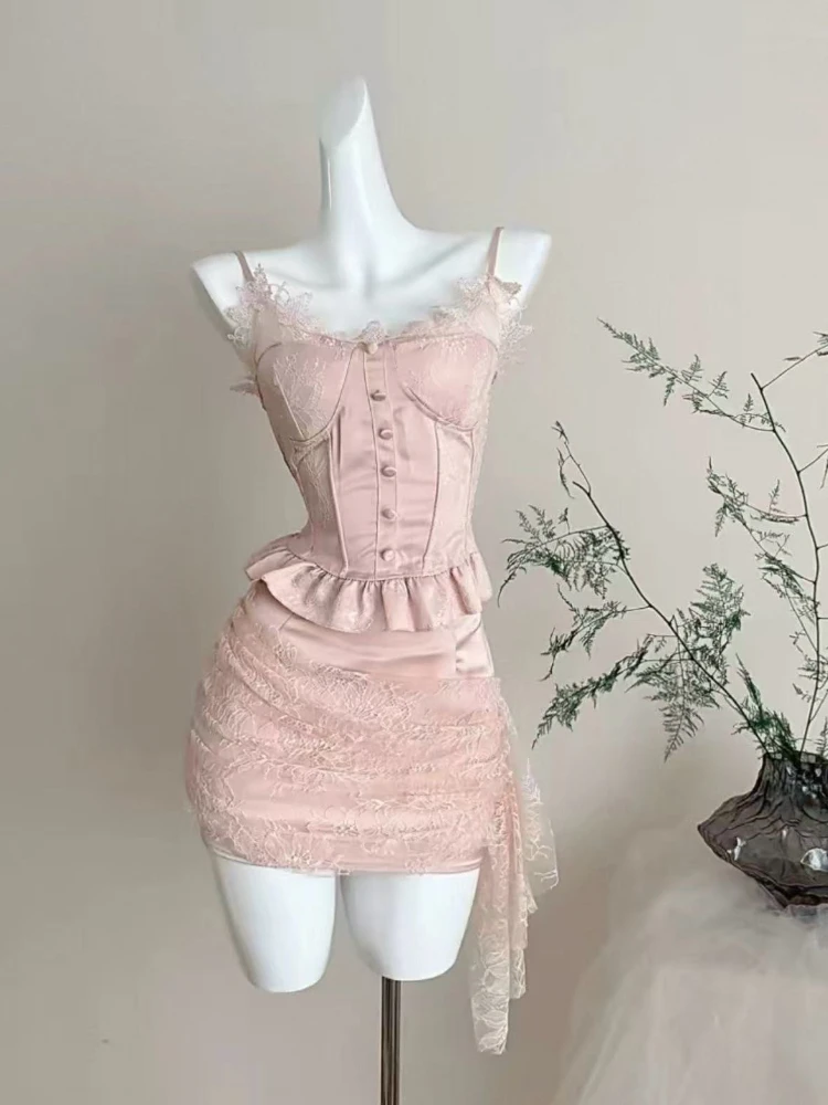 

Korean Beach Two Piece Skirt Sets Female Y2k Casual Outfits Japanese Sweet Style American Vintage Summer Fashion Suits