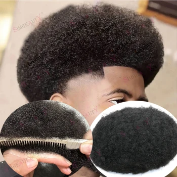 4Mm Afro Krullend Toupetje Voor Mannen 100% Menselijk Haar Afro-Amerikaanse Pruiken Mannelijke Prothese Met Knopen Duurzame Volledige Huidbasis Gitzwart