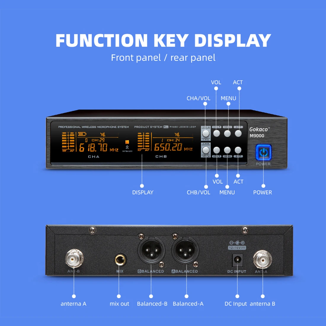 M9000 Gokaco High Quality  UHF Professional  dual Wireless Microphone system Handheld Headset lavalier For stage Performance