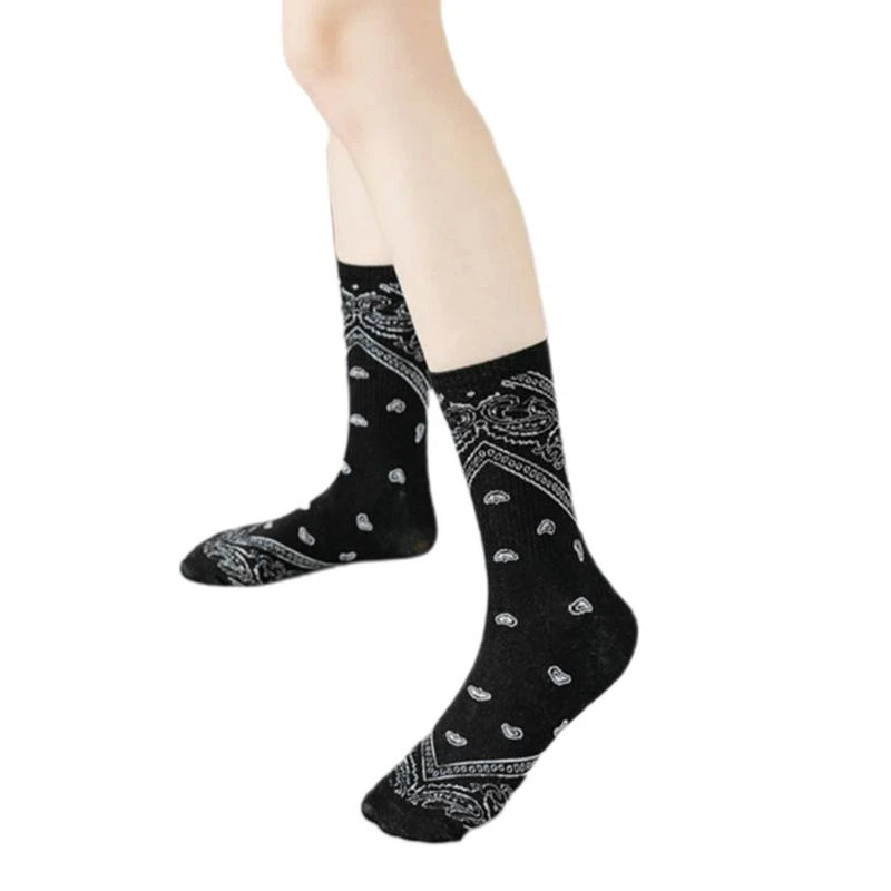 Y5GC Women Men Ethnic Paisley Floral Print Socks Harajuku Hip Hop Black Skateboard Casual Sport Cotton