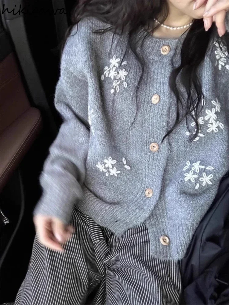

Korean Cardigan Jackets Winter Women's Clothing Pull Femme Embroidery Floral Vintage Sueter Mujer Knitted Sweet Sweater Tops