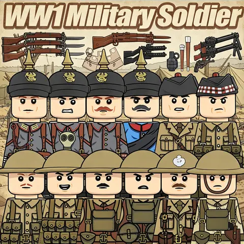 Military Army Prussian Soldier Figures British Warrior Building Blocks Infantry Cavalry Officer Trench Machine Gunner Bricks Toy
