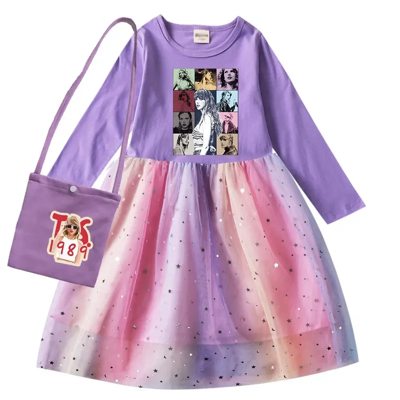 Kids clothes girls Taylor Swift dress long sleeve flower mesh princess dresses baby children birthday vestidos Halloween costume