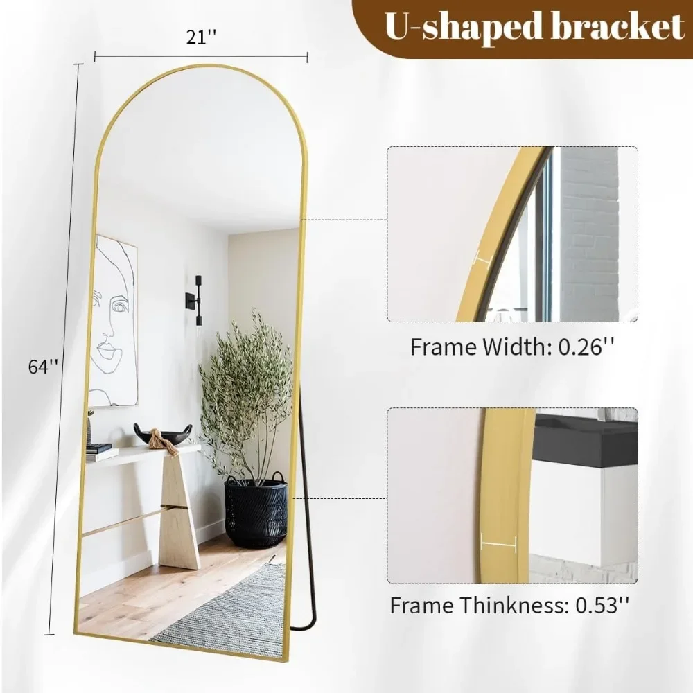 64"x21" Arched Gold Mirror Full Length, Standing Hanging or Leaning Full Body Mirror with Aluminum Alloy Frame