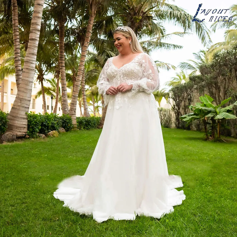 LAYOUT NICEB Elegant Plus Size Women Wedding Dress 2024 Vintage Full Sleeves V-Neck Bride Gowns Applique A-Line Vestido De Novia