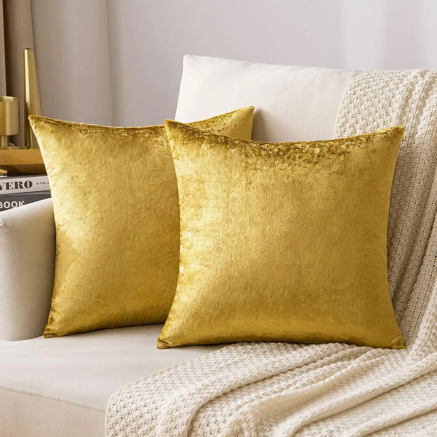 

Velvet Throw Pillow Covers 18x18 Inch, Pack of 2 - Golden, Super Soft Decorative Square Cushion Cases Modern Luxury Home Decor f