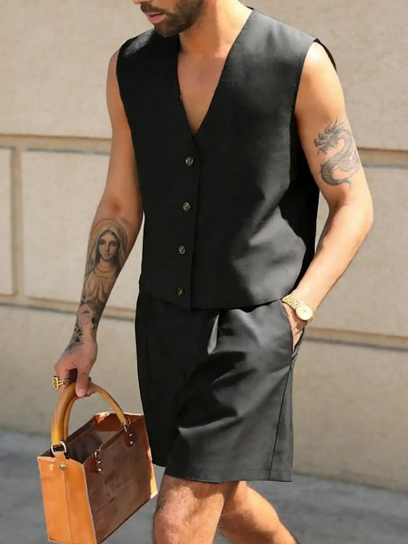

Mens Black V-Neck Sleeveless Vest and Shorts Set Woven Fabric Business Casual Two-Piece Outfit