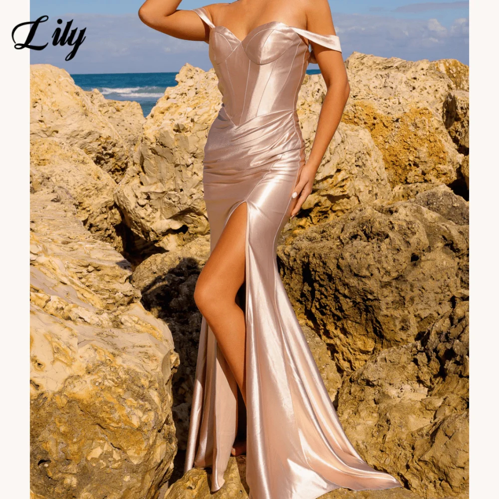 

Lily Sexy Sweetheart Prom Dress Off the Shoulder Backless Prom Gown with Fishbone Satin Side Split Formal Gown 프롬 드레스 Customized