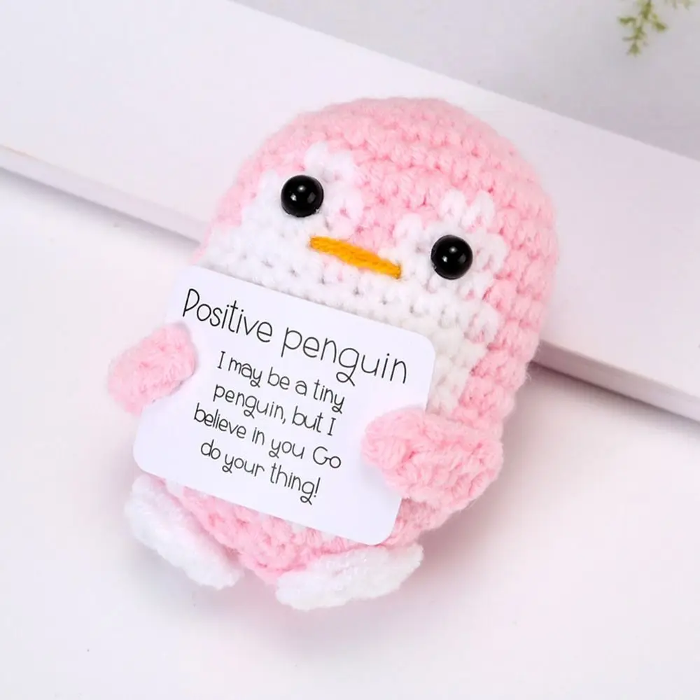 Plush Positive Energy Penguin Doll with Card Home Room Decor Woven Vegetable Animal Doll Handmade Bee Hug Pocket Doll