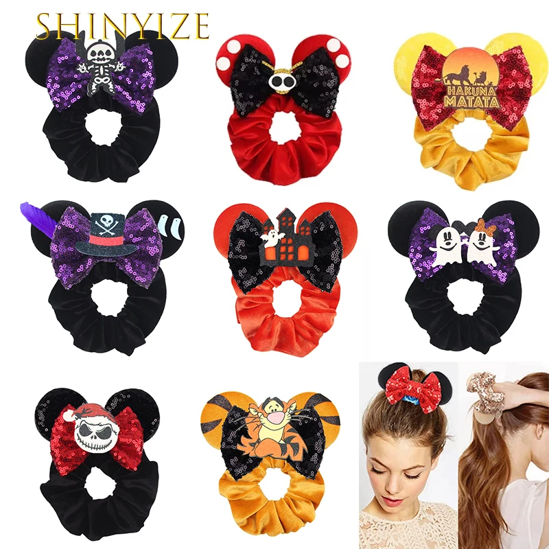 

10Pcs/Lot Halloween Disney Mouse Ears Hair Scrunchies Girls Elastic Hairband Ponytail Rope Women Festival Hair Accessories