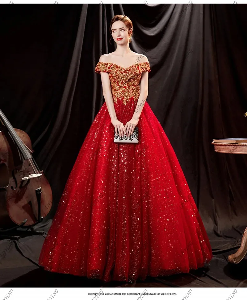 Trendy Sequined Red  Bride Wedding Prom Gown Shinning Sleeveless Off-Shoulder Gold Floral Evening Dresses robes de soirée