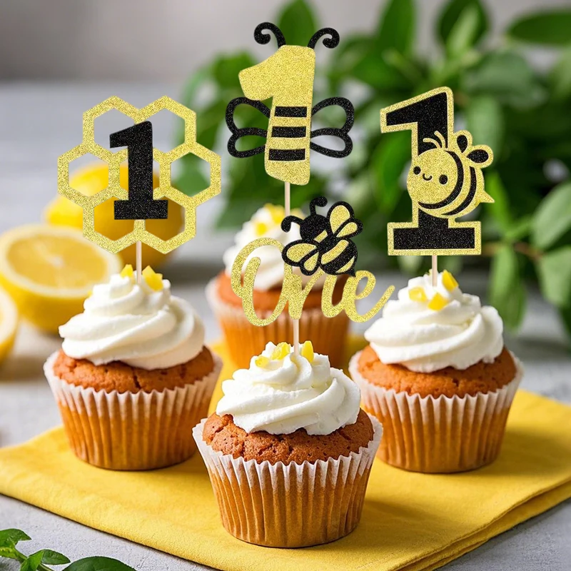 NUBECOM 24 Stück Biene-Thema-Kuchenaufsatz, glitzernde Cupcake-Aufsatz für den Weltbienen-Tag, Kuchendekoration, Baby-Dekoration zum ersten Geburtstag – Detail 10