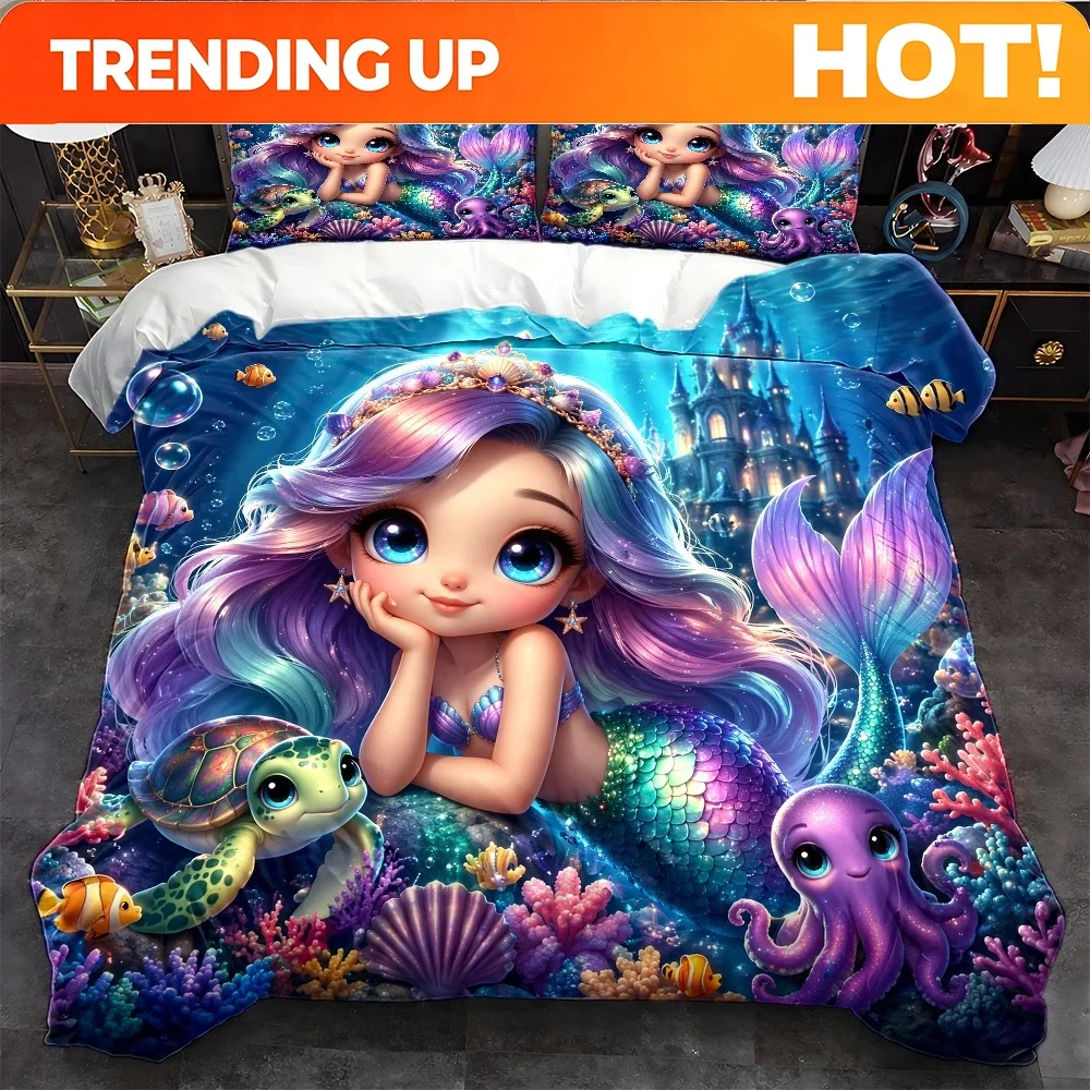 Customize 3pcs Dreamy Underwater Mermaid Bedding, 1* Duvet Cover + 2* Pillowcases Three-Piece Bed Set, Suitable for All Seasons