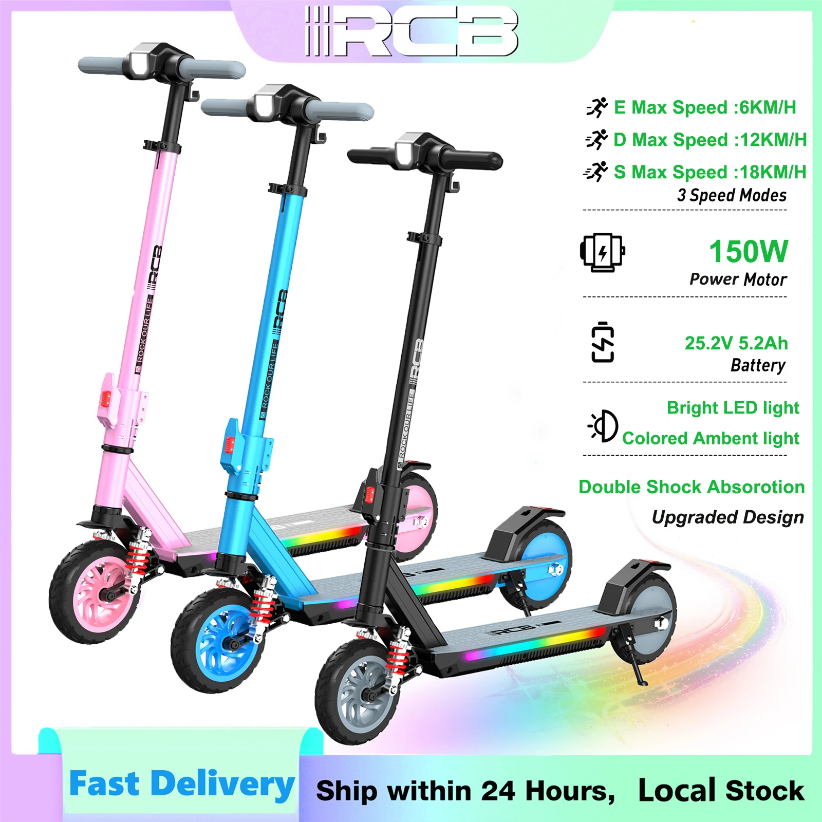 Patinete eléctrico RCB para niños de 6 a 12 años, scooter electrónico de 7" con absorción de impactos, luces coloridas, velocidad y altura ajustables, 18 km/h