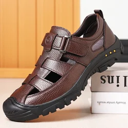 Summer Beach Anti Slip Camping Shoes Classic Brown Men's Hollow Sandals High-quality Leather Men's Casual Shoes Versatile
