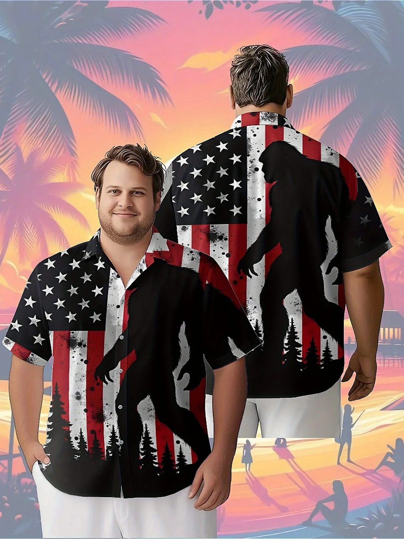 

Men's Plus Size Hawaiian Shirts Sasquatch and American Flag pattern, Button Up Shirts, Unisex Casual Clothing, Summer Tops