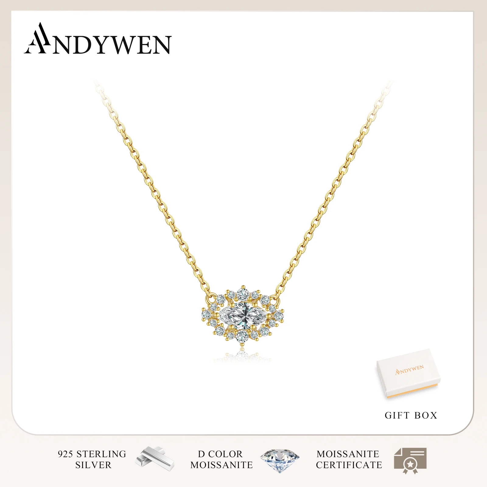 ANDYWEN Women 925 Sterling Silver D Color VVS1 MarquIse 0.5CT Moissanite Necklace Luxury Wedding Anniversary Jewelry Gift