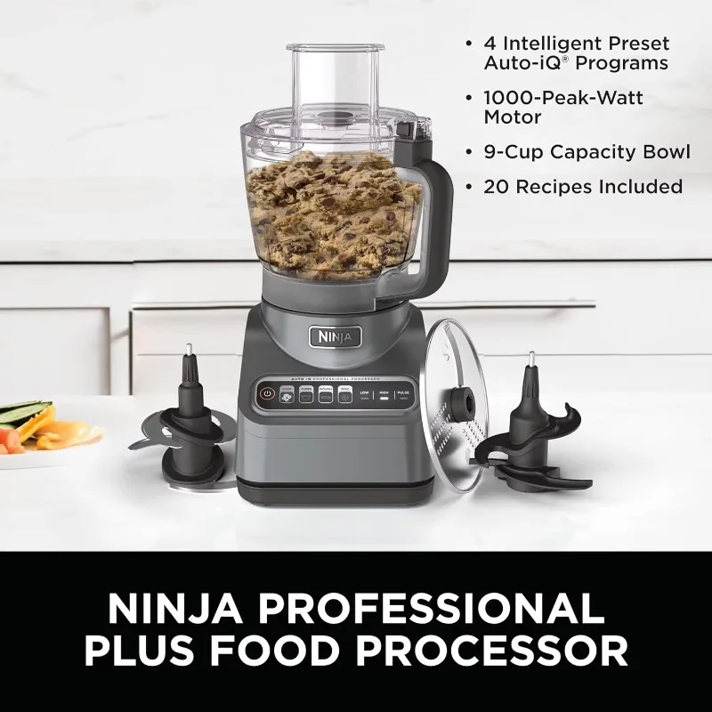 Ninja Food Processor, Professional Plus, 1000 Peak Watts, 4 Functions with 9-Cup Processor Bowl, 3 Blades, Silver, BN601